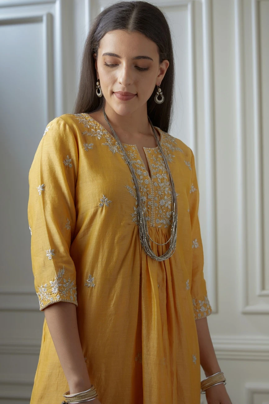 Golden Yellow Silver Zari Embroidered Kurta Dress Set With Fine Gathers At Waistline 10 Golden Yellow Silver Zari Embroidered Kurta Dress Set With Fine Gathers At Waistline - Image 8