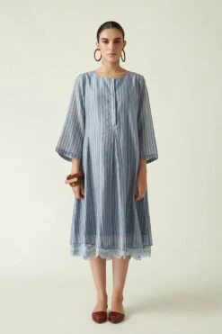 Blue Cotton Asheton Box Pleated Dress With Slip
