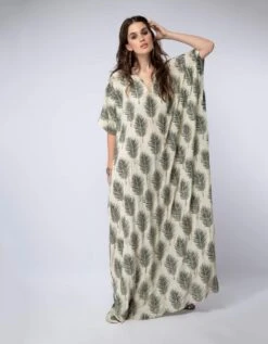 Tropical Leaf Print Kaftaan Maxi Dress With Belt -Ethereal Styles PSST1203 1 1