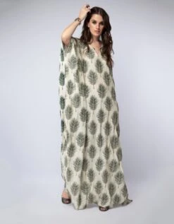 Tropical Leaf Print Kaftaan Maxi Dress With Belt