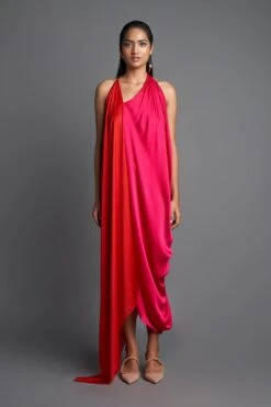 Pink And Red Asymmetric Draped Dress