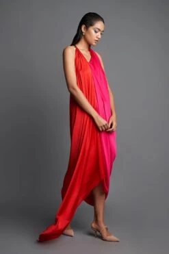 Pink And Red Asymmetric Draped Dress -Ethereal Styles aair119pnkrd3