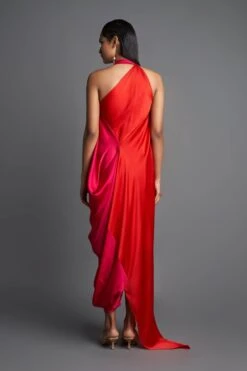 Pink And Red Asymmetric Draped Dress -Ethereal Styles aair119pnkrdb
