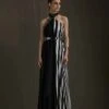 Black And White Halter Draped Dress With Metallic Detail -Ethereal Styles aair1831