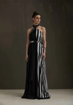 Black And White Halter Draped Dress With Metallic Detail