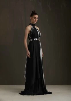 Black And White Halter Draped Dress With Metallic Detail -Ethereal Styles aair1833