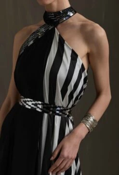 Black And White Halter Draped Dress With Metallic Detail -Ethereal Styles aair1834