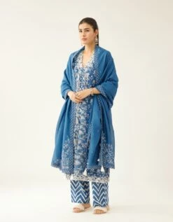 Blue Hand Block Printed Kurta Dress Set With A V Neck