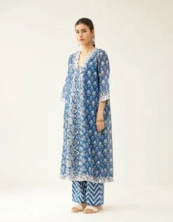 Blue Hand Block Printed Kurta Dress Set With A V Neck 11 Blue Hand Block Printed Kurta Dress Set With A V Neck -Ethereal Styles adt063
