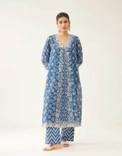 Blue Hand Block Printed Kurta Dress Set With A V Neck 12 Blue Hand Block Printed Kurta Dress Set With A V Neck -Ethereal Styles adt064