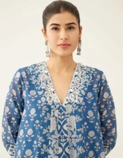 Blue Hand Block Printed Kurta Dress Set With A V Neck 13 Blue Hand Block Printed Kurta Dress Set With A V Neck -Ethereal Styles adt065