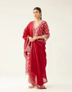 Red Hand Block Printed Kurta Dress Set With A V Neck