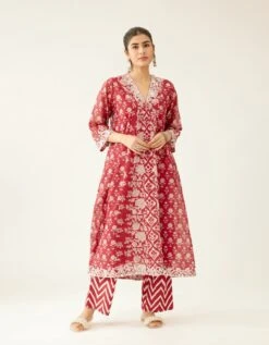 Red Hand Block Printed Kurta Dress Set With A V Neck -Ethereal Styles adt06a3