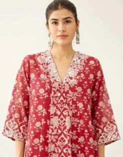 Red Hand Block Printed Kurta Dress Set With A V Neck -Ethereal Styles adt06a4