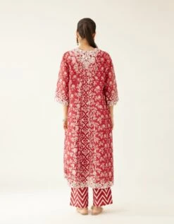 Red Hand Block Printed Kurta Dress Set With A V Neck -Ethereal Styles adt06ab
