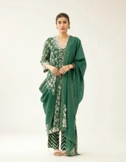 Green Hand Block Printed Kurta Dress Set With A V Neck