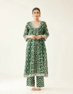 Green Hand Block Printed Kurta Dress Set With A V Neck 11 Green Hand Block Printed Kurta Dress Set With A V Neck -Ethereal Styles adt06b3