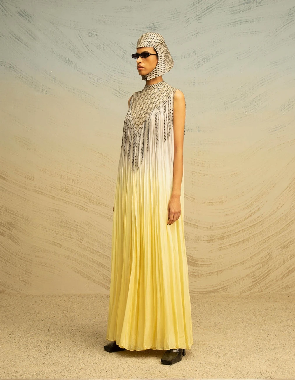 Grey And Yellow Collared And Gathered Chiffon Maxi Dress 3 Grey And Yellow Collared And Gathered Chiffon Maxi Dress