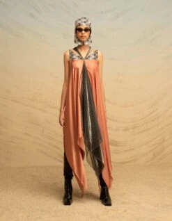 Pink And Grey Fall Panelled Satin Dress With Triangular Sequin Yoke