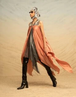 Pink And Grey Fall Panelled Satin Dress With Triangular Sequin Yoke -Ethereal Styles akaw22ldr73