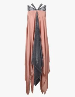Pink And Grey Fall Panelled Satin Dress With Triangular Sequin Yoke -Ethereal Styles akaw22ldr74
