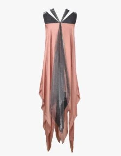 Pink And Grey Fall Panelled Satin Dress With Triangular Sequin Yoke -Ethereal Styles akaw22ldr75