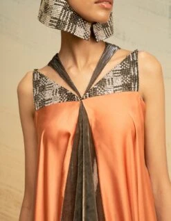 Pink And Grey Fall Panelled Satin Dress With Triangular Sequin Yoke -Ethereal Styles akaw22ldr7b