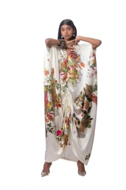 Printed Satin Gathered Kaftaan Dress