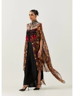 Printed Black Chiffon Cape With A Dress Set -Ethereal Styles akpogd1129bom30372