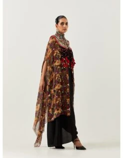 Printed Black Chiffon Cape With A Dress Set -Ethereal Styles akpogd1129bom30373