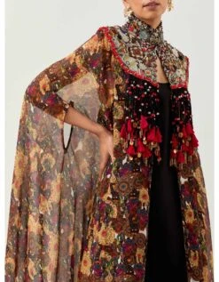 Printed Black Chiffon Cape With A Dress Set -Ethereal Styles akpogd1129bom30374