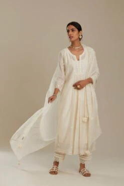 Cotton Chanderi Kurta Dress Set With Front Gathers And All-Over Tonal Thread Embroidery Highlighted With Sequins And Beads