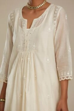 Cotton Chanderi Kurta Dress Set With Front Gathers And All-Over Tonal Thread Embroidery Highlighted With Sequins And Beads -Ethereal Styles am064