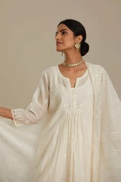 Cotton Chanderi Kurta Dress Set With Front Gathers And All-Over Tonal Thread Embroidery Highlighted With Sequins And Beads -Ethereal Styles am065