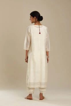 Cotton Chanderi Kurta Dress Set With Front Gathers And All-Over Tonal Thread Embroidery Highlighted With Sequins And Beads -Ethereal Styles am06b
