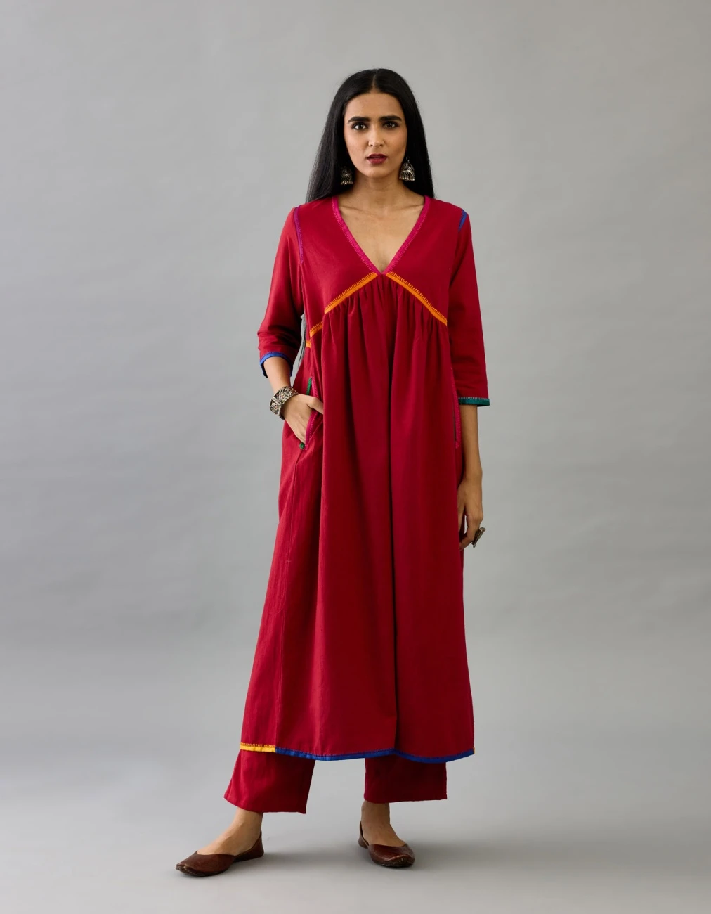 Red Handloom Cotton Kurta Set Dress 4 Red Handloom Cotton Kurta Set Dress - Image 2