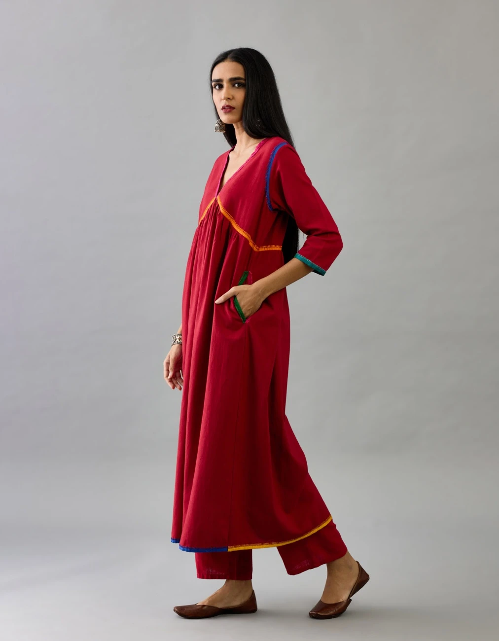 Red Handloom Cotton Kurta Set Dress 5 Red Handloom Cotton Kurta Set Dress - Image 3