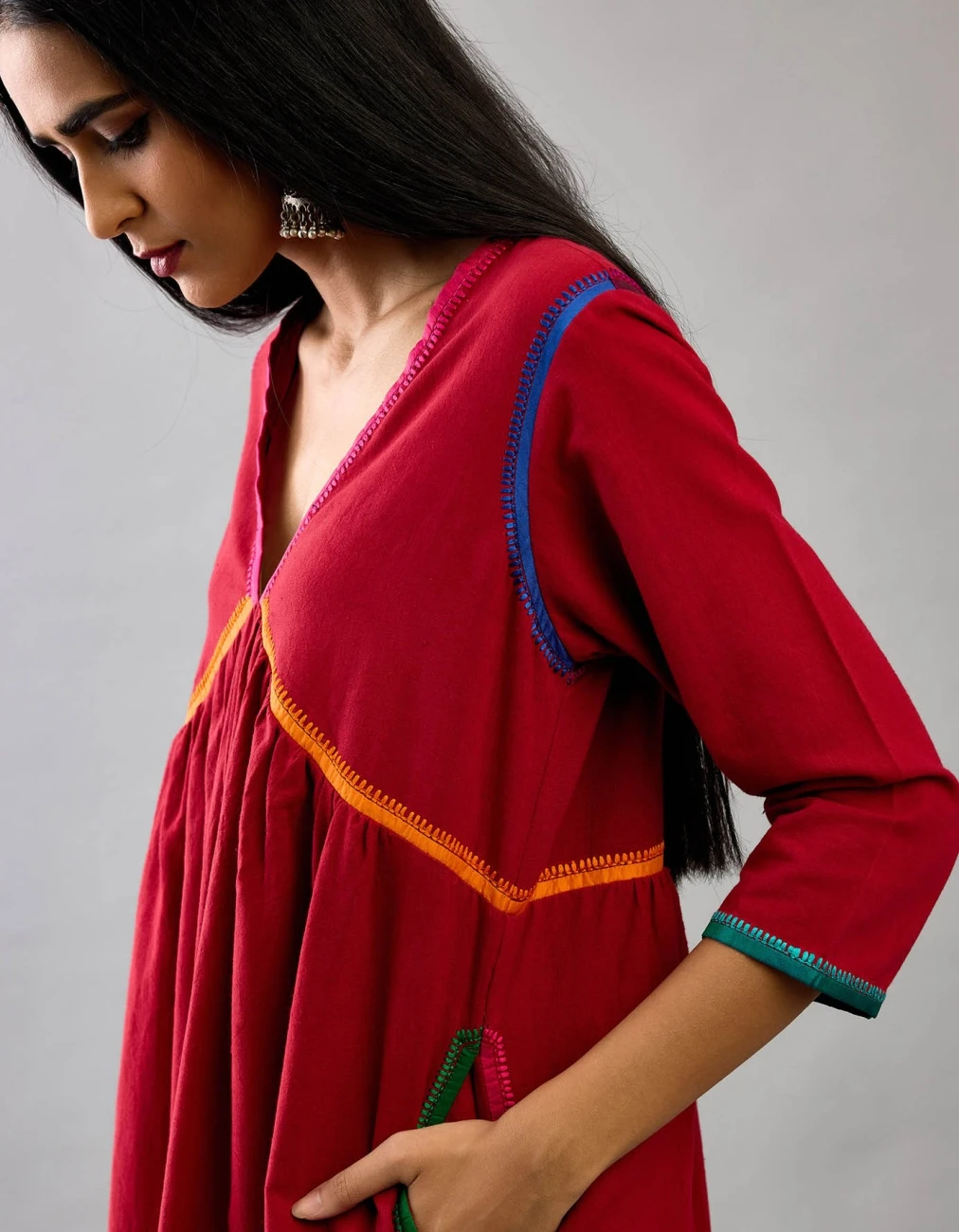Red Handloom Cotton Kurta Set Dress 6 Red Handloom Cotton Kurta Set Dress - Image 4