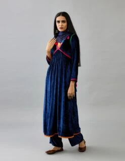 Blue Silk Velvet Kurta Dress Set