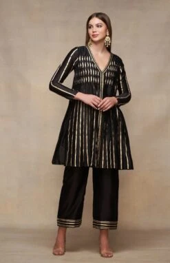 Gota Pleating Black Open Gota Kurta Dress