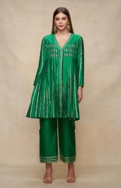 Gota Pleating Green Open Gota Kurta Dress