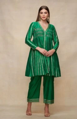 Gota Pleating Green Open Gota Kurta Dress -Ethereal Styles asgulabood1gpgreen3