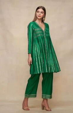Gota Pleating Green Open Gota Kurta Dress -Ethereal Styles asgulabood1gpgreen4