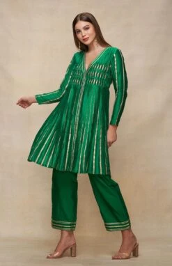 Gota Pleating Green Open Gota Kurta Dress -Ethereal Styles asgulabood1gpgreen6