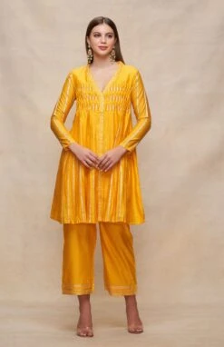 Gota Pleating Mustard Open Gota Kurta Dress