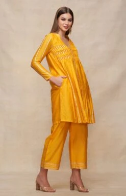 Gota Pleating Mustard Open Gota Kurta Dress -Ethereal Styles asgulabood1gpmustard3