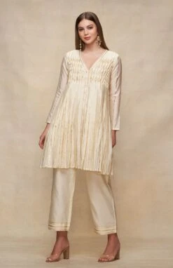 Gota Pleating Offwhite Open Gota Kurta Dress -Ethereal Styles asgulabood1gpoffwhite4