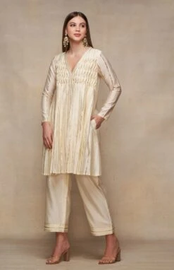 Gota Pleating Offwhite Open Gota Kurta Dress -Ethereal Styles asgulabood1gpoffwhite5