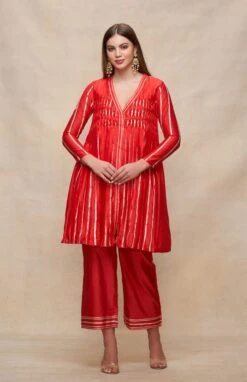 Gota Pleating Red Open Gota Kurta Dress