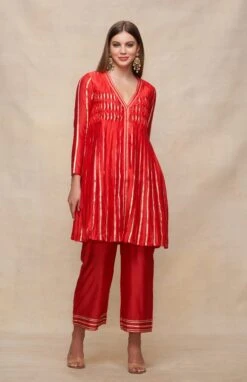 Gota Pleating Red Open Gota Kurta Dress -Ethereal Styles asgulabood1gpred3